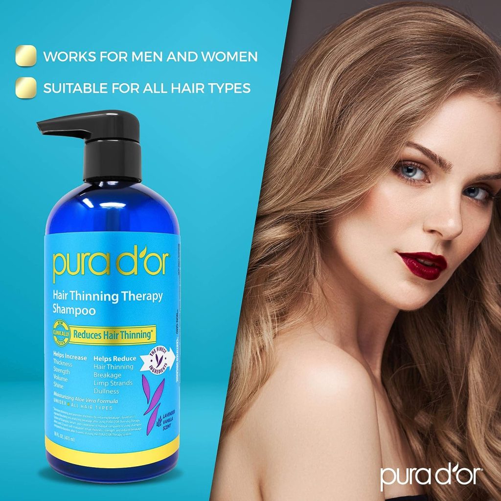 PURA DOR Hair Thinning Therapy Biotin Shampoo VANILLA LAVENDER Scent (16 oz) w/Argan Oil, Herbal DHT Blockers, Zero Sulfates, Natural Ingredients For Men  Women, All Hair Types (Packaging may vary)