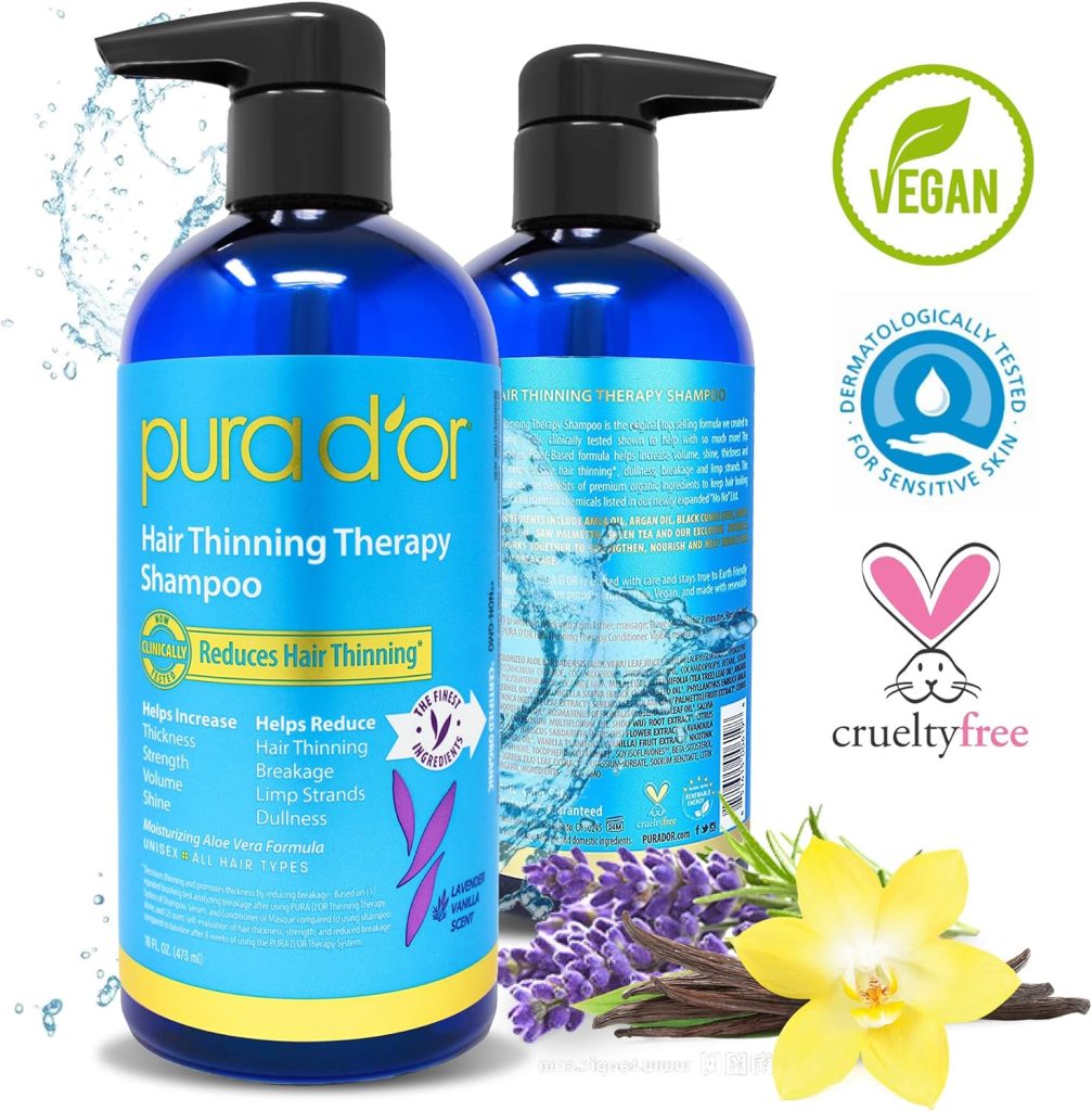 PURA DOR Hair Thinning Therapy Biotin Shampoo VANILLA LAVENDER Scent (16 oz) w/Argan Oil, Herbal DHT Blockers, Zero Sulfates, Natural Ingredients For Men  Women, All Hair Types (Packaging may vary)