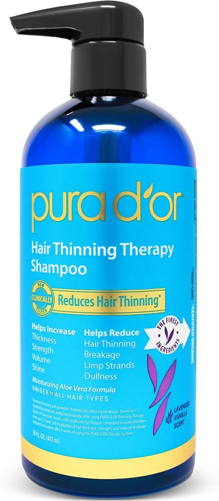 PURA DOR Hair Thinning Therapy Biotin Shampoo VANILLA LAVENDER Scent (16 oz) w/Argan Oil, Herbal DHT Blockers, Zero Sulfates, Natural Ingredients For Men  Women, All Hair Types (Packaging may vary)